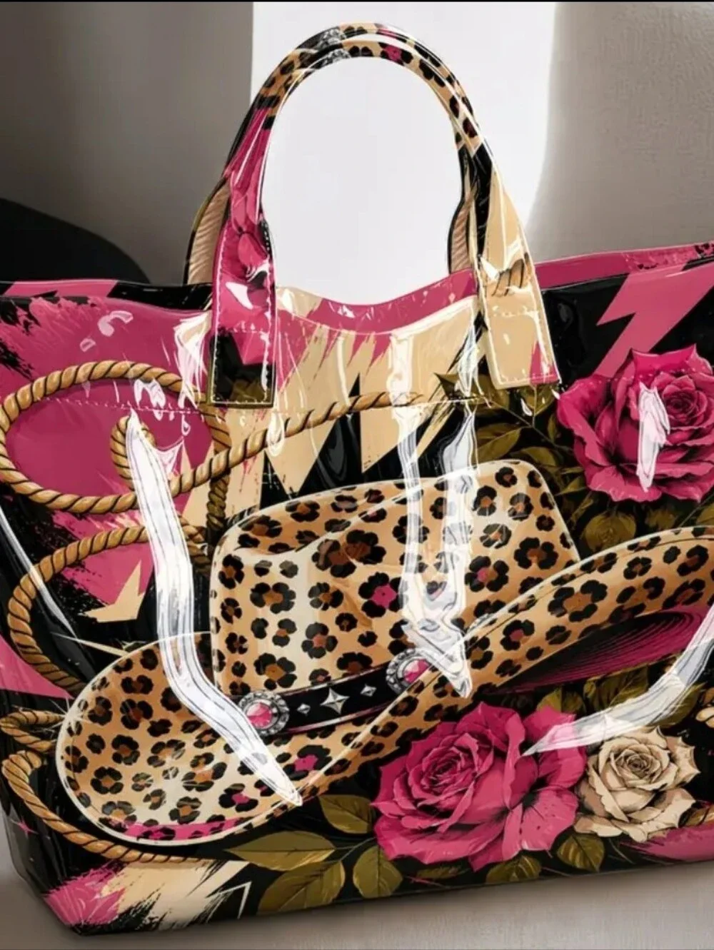 Western Leopard Print Cowgirl Hat And Rope PVC Daily Commuter Tote